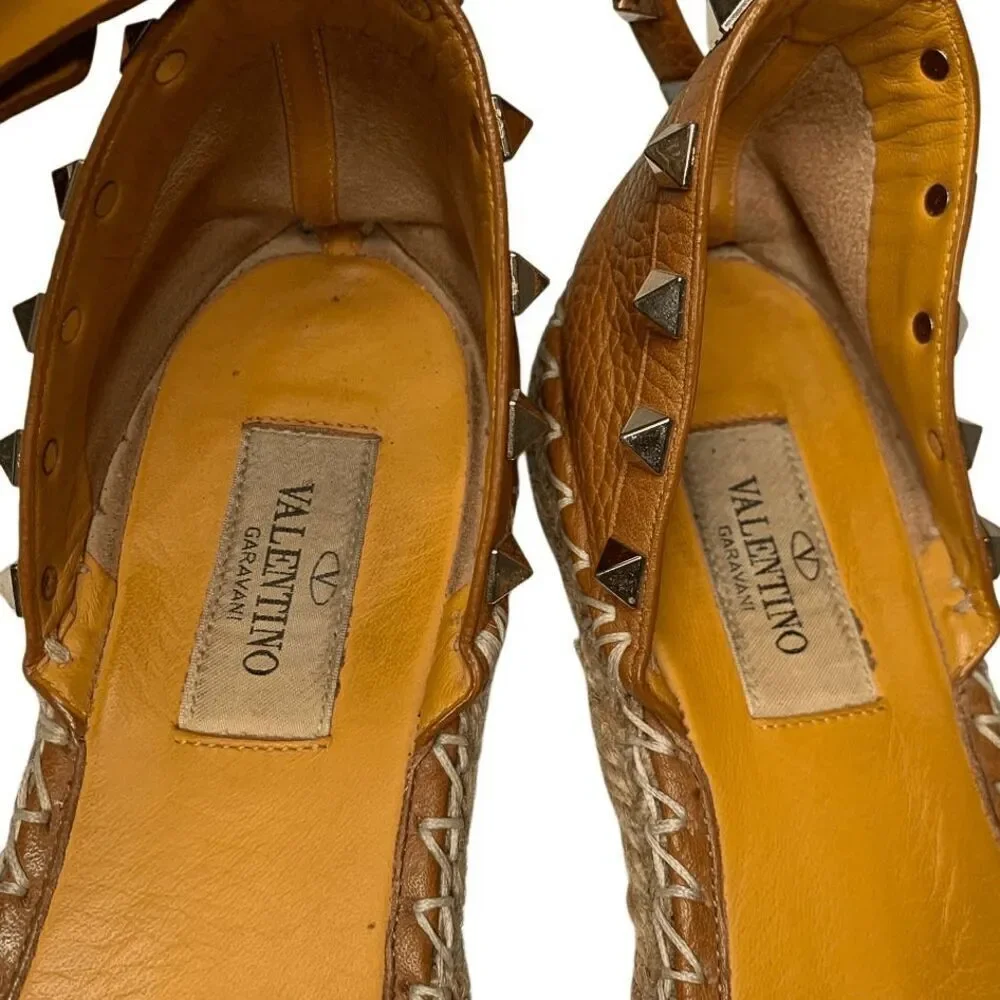 Valentino Garavani Rockstud Espadrille Studded Ankle Wrap Flats EU 37 US 7 Brown